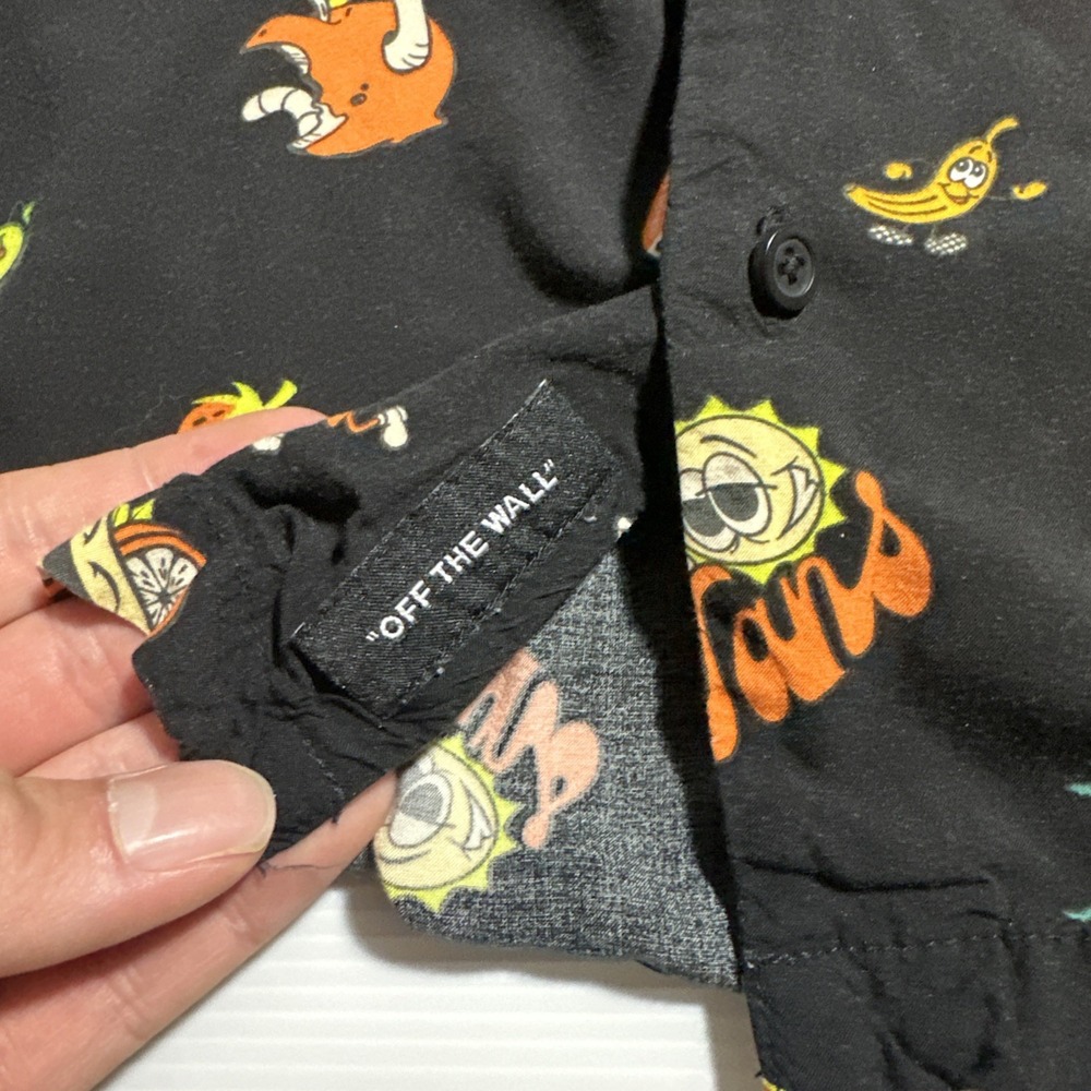Vans Men's Black Short Sleeve Button-Up, Fruit Sticker Pattern, Size Medium - Picture 3 of 10